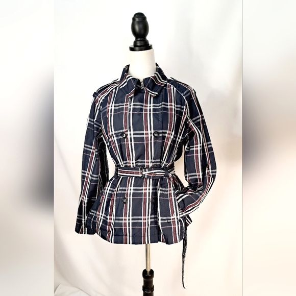 Nautica Double Breasted Blue Plaid Pea Coat Belted Pockets Fleece Lining Large - Picture 3 of 17